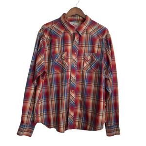 VTG Wrangler Mens‎ Shirt Orange Plaid Pearl Snap Cowboy Western Rodeo Rancher